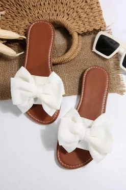 Hot Dear-Lover Bow Knot Decor PU Leather Insole Flat Slippers White