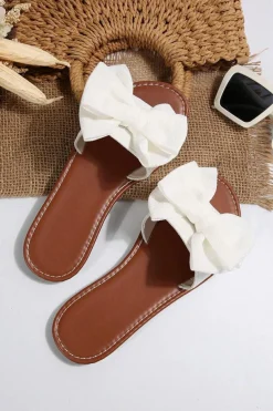 Hot Dear-Lover Bow Knot Decor PU Leather Insole Flat Slippers White