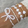 Clearance Dear-Lover Bow Knot Heart Shape Faux Pearl Beaded Bracelet Set White