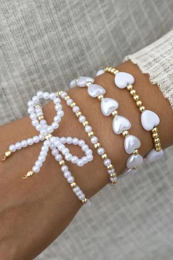 Clearance Dear-Lover Bow Knot Heart Shape Faux Pearl Beaded Bracelet Set White