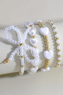 Clearance Dear-Lover Bow Knot Heart Shape Faux Pearl Beaded Bracelet Set White