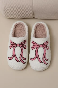 Discount Dear-Lover Bow Knot Pattern Plush Warm Slippers White