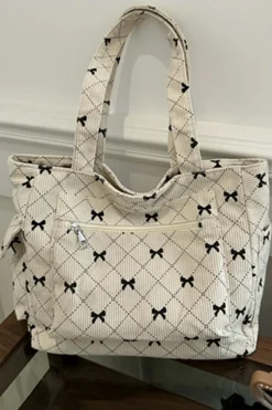 Discount Dear-Lover Bow Knot Plaid Print Large Tote Bag White