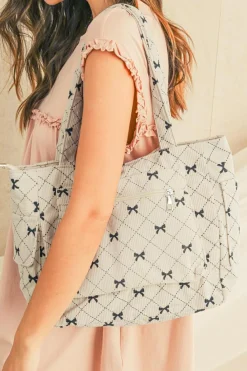Discount Dear-Lover Bow Knot Plaid Print Large Tote Bag White