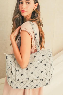 Discount Dear-Lover Bow Knot Plaid Print Large Tote Bag White