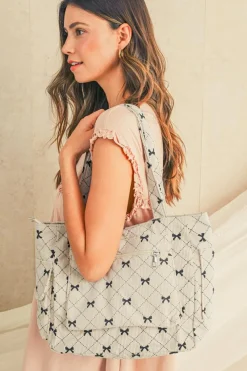 Discount Dear-Lover Bow Knot Plaid Print Large Tote Bag White