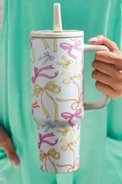 Outlet Dear-Lover Bow Knot Print Handle Straw Insulate Tumbler 40oz White