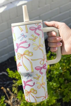 Outlet Dear-Lover Bow Knot Print Handle Straw Insulate Tumbler 40oz White