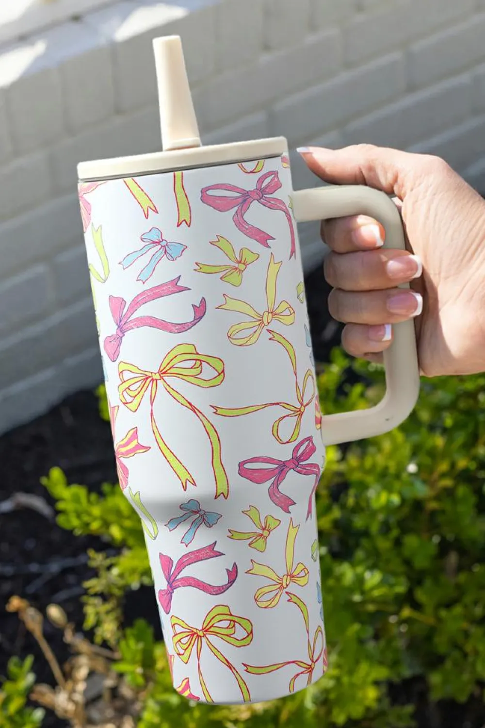Outlet Dear-Lover Bow Knot Print Handle Straw Insulate Tumbler 40oz White