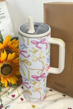 Outlet Dear-Lover Bow Knot Print Handle Straw Insulate Tumbler 40oz White