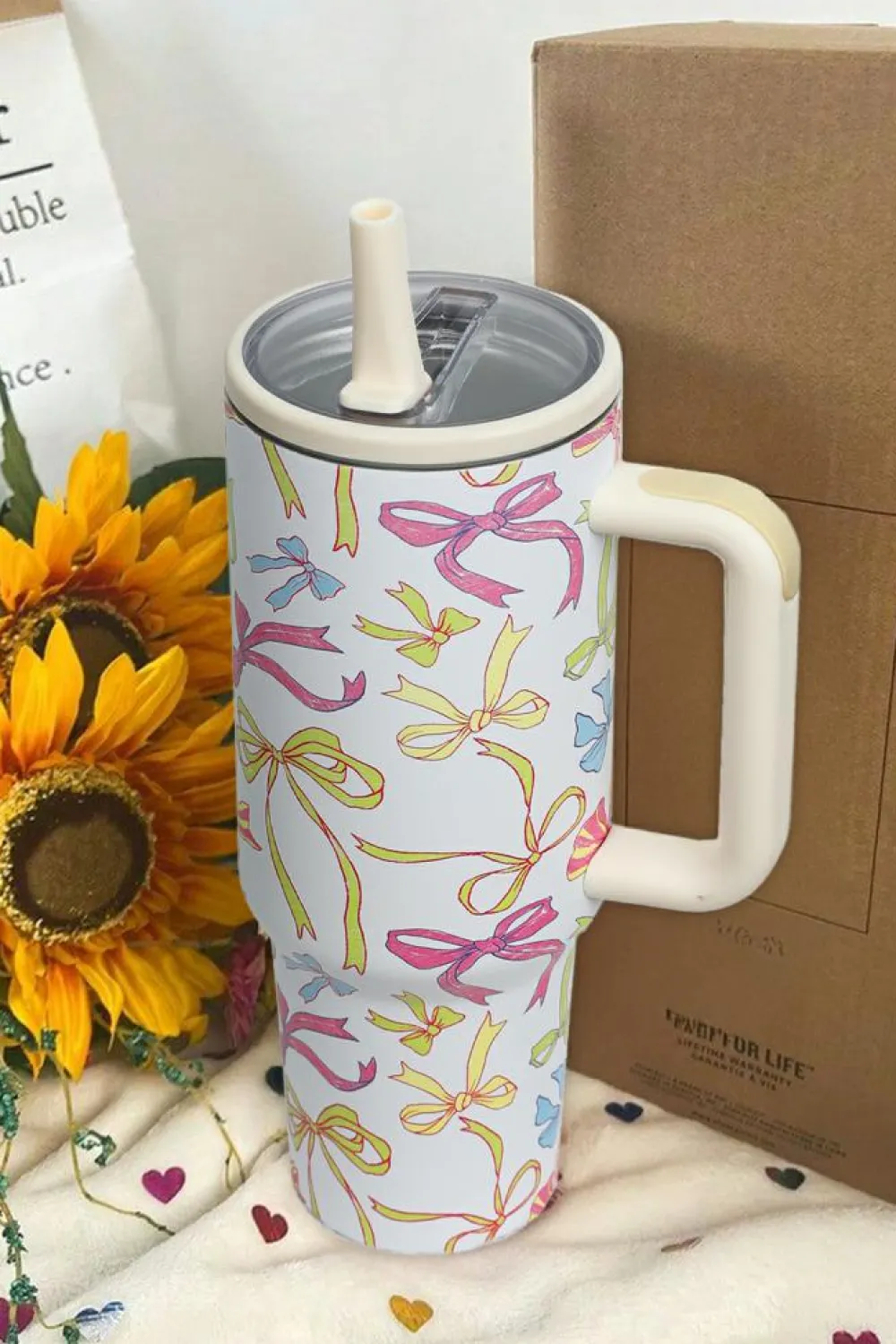 Outlet Dear-Lover Bow Knot Print Handle Straw Insulate Tumbler 40oz White