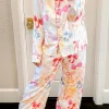 Clearance Dear-Lover Bow Knot Print Lapel Collar Wide Leg Satin Pajama Set White