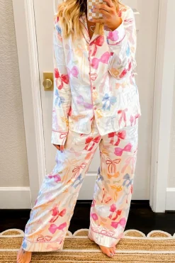 Clearance Dear-Lover Bow Knot Print Lapel Collar Wide Leg Satin Pajama Set White