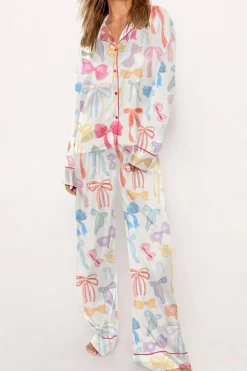 Clearance Dear-Lover Bow Knot Print Lapel Collar Wide Leg Satin Pajama Set White