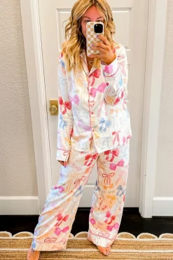 Clearance Dear-Lover Bow Knot Print Lapel Collar Wide Leg Satin Pajama Set White