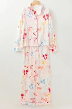 Clearance Dear-Lover Bow Knot Print Lapel Collar Wide Leg Satin Pajama Set White
