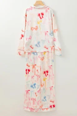 Clearance Dear-Lover Bow Knot Print Lapel Collar Wide Leg Satin Pajama Set White