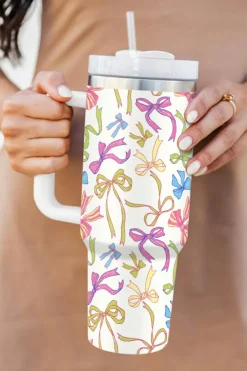 Fashion Dear-Lover Bow Knot Print Large Stainless Steel Vacuum Cup 40oz White