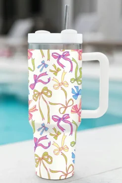 Fashion Dear-Lover Bow Knot Print Large Stainless Steel Vacuum Cup 40oz White