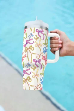 Fashion Dear-Lover Bow Knot Print Large Stainless Steel Vacuum Cup 40oz White