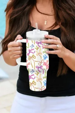 Fashion Dear-Lover Bow Knot Print Large Stainless Steel Vacuum Cup 40oz White