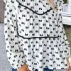 Discount Dear-Lover Bow Knot Print Piping Trim Ruffled Crew Neck Blouse White