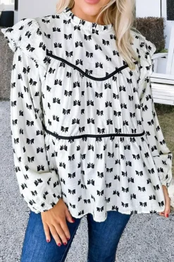 Discount Dear-Lover Bow Knot Print Piping Trim Ruffled Crew Neck Blouse White