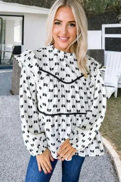 Discount Dear-Lover Bow Knot Print Piping Trim Ruffled Crew Neck Blouse White