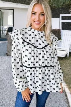 Discount Dear-Lover Bow Knot Print Piping Trim Ruffled Crew Neck Blouse White
