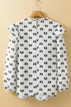Discount Dear-Lover Bow Knot Print Piping Trim Ruffled Crew Neck Blouse White