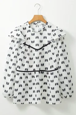 Discount Dear-Lover Bow Knot Print Piping Trim Ruffled Crew Neck Blouse White