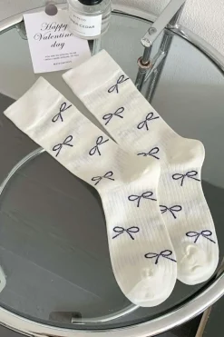 Online Dear-Lover Bow Knot Print Ribbed Crew Socks White