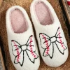 Clearance Dear-Lover Bow Knot Rugby Pattern Plush Warm Slippers White