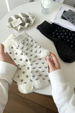 New Dear-Lover Bow Knots Ribbed Edge Crew Socks White