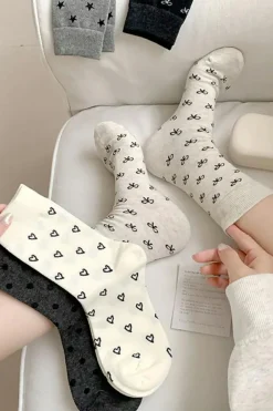 New Dear-Lover Bow Knots Ribbed Edge Crew Socks White