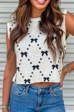 Best Dear-Lover Bow Pattern Buttoned Side Cropped Sweater Vest White