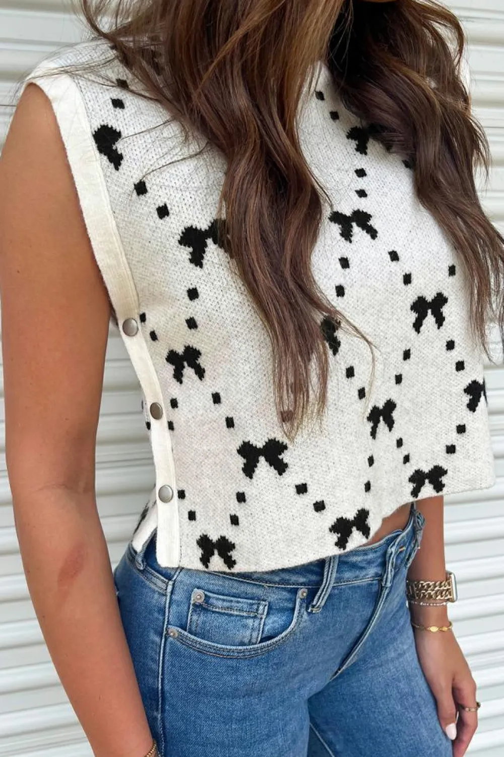 Best Dear-Lover Bow Pattern Buttoned Side Cropped Sweater Vest White