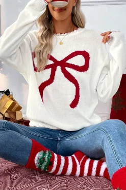 Clearance Dear-Lover Bow Pattern Contrast Trim Christmas Loose Graphic Sweater White