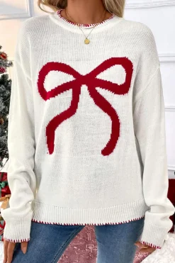 Clearance Dear-Lover Bow Pattern Contrast Trim Christmas Loose Graphic Sweater White