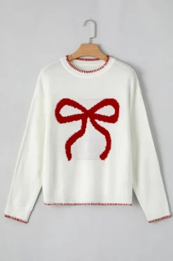 Clearance Dear-Lover Bow Pattern Contrast Trim Christmas Loose Graphic Sweater White