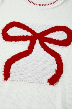Clearance Dear-Lover Bow Pattern Contrast Trim Christmas Loose Graphic Sweater White