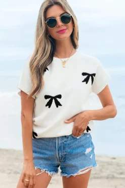 Outlet Dear-Lover Bow Pattern Knit Short Sleeve Sweater White
