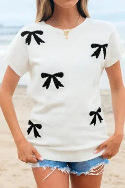 Outlet Dear-Lover Bow Pattern Knit Short Sleeve Sweater White