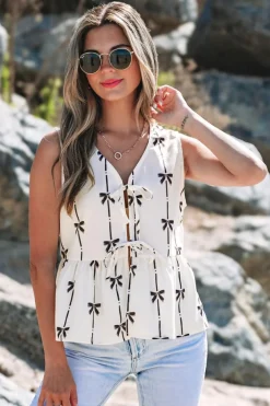 Fashion Dear-Lover Bow Printed Tie Closure Ruffled Vest White