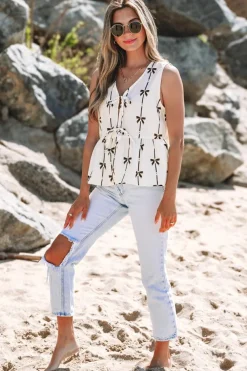 Fashion Dear-Lover Bow Printed Tie Closure Ruffled Vest White