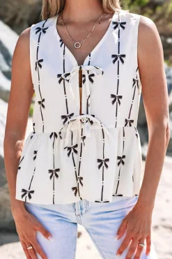 Fashion Dear-Lover Bow Printed Tie Closure Ruffled Vest White