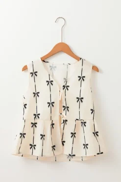Fashion Dear-Lover Bow Printed Tie Closure Ruffled Vest White