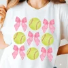 Clearance Dear-Lover Bow Tie Baseball Print Round Neck Casual Tee White