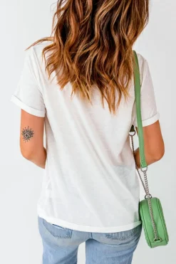 Clearance Dear-Lover Bow Tie Baseball Print Round Neck Casual Tee White