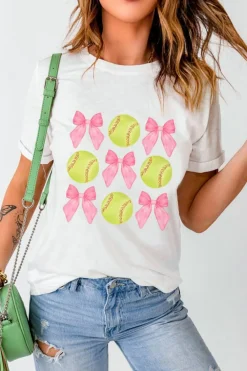 Clearance Dear-Lover Bow Tie Baseball Print Round Neck Casual Tee White